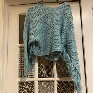 Fringed Cable Knit Sweater - Blue